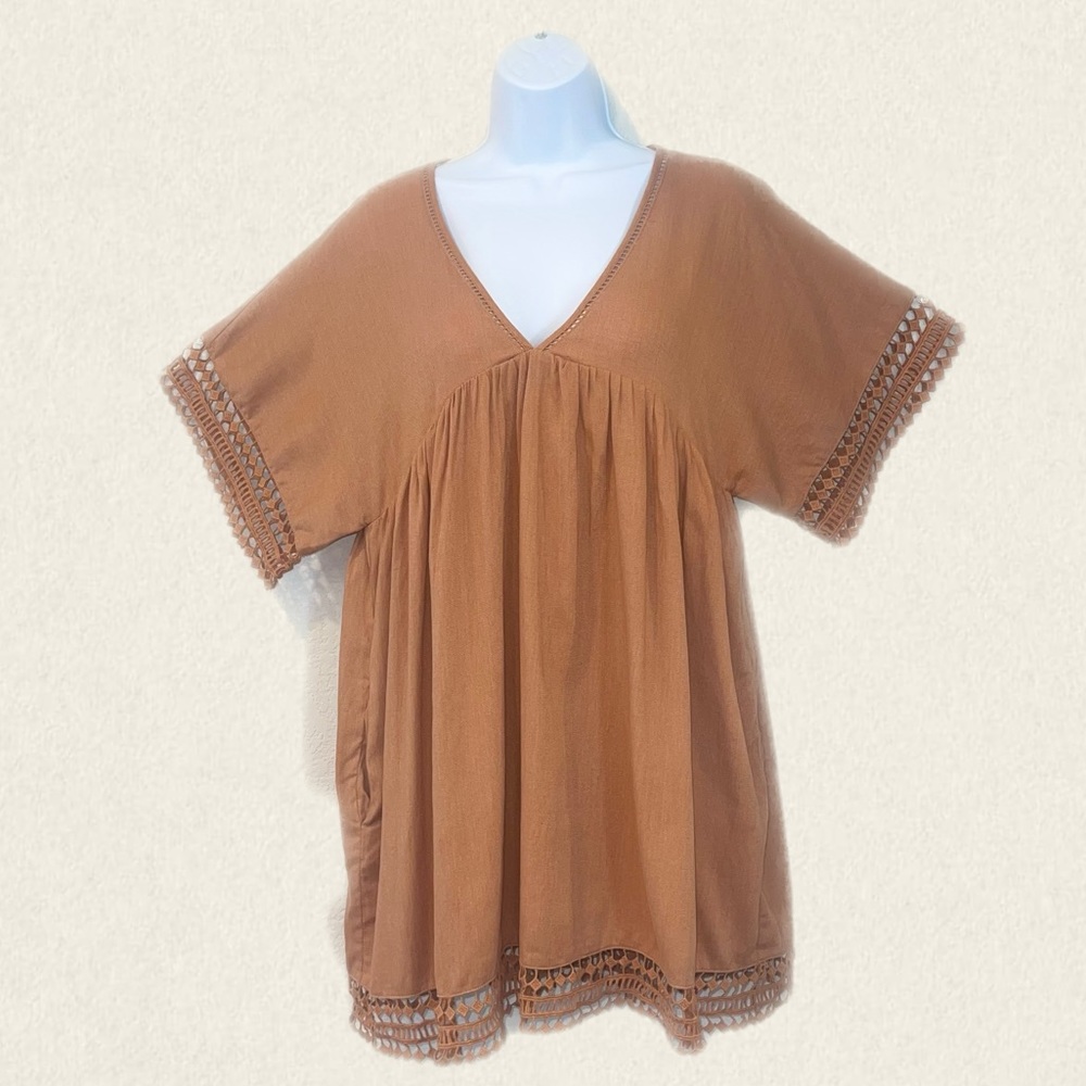 Mustard Seed Short Sleeve Burnt Orange V-Neck Loose Fit Linen Dress With Lining